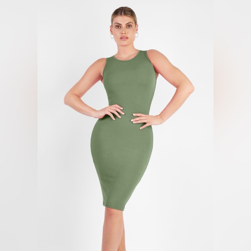 Popilush Built-In Shapewear Crew Neck Sleeveless Midi Dress - Olive Green 3XL